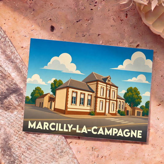 Carte postale souvenir de la ville de Marcilly-la-Campagne avec une illustration stylisée de sa mairie.