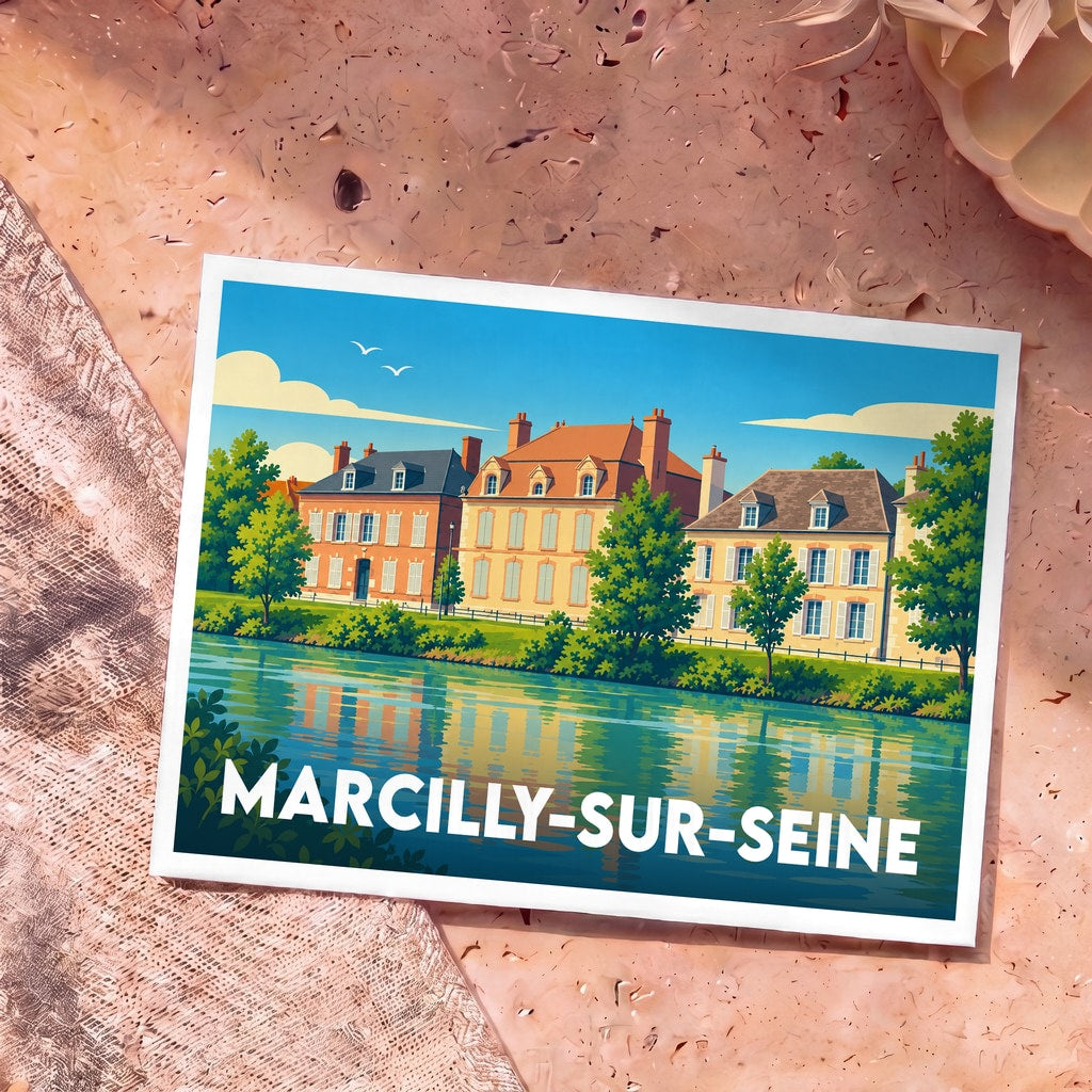 Carte postale souvenir de la ville de Marcilly-sur-Seine avec une illustration stylisée de maisons au bord de l'eau.