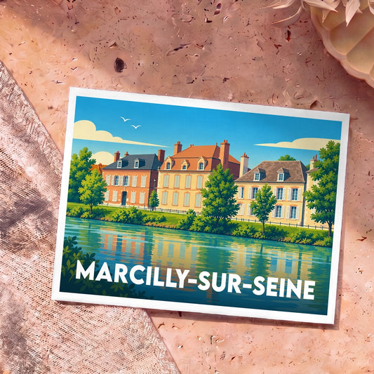 Carte postale souvenir de la ville de Marcilly-sur-Seine avec une illustration stylisée de maisons au bord de l'eau.