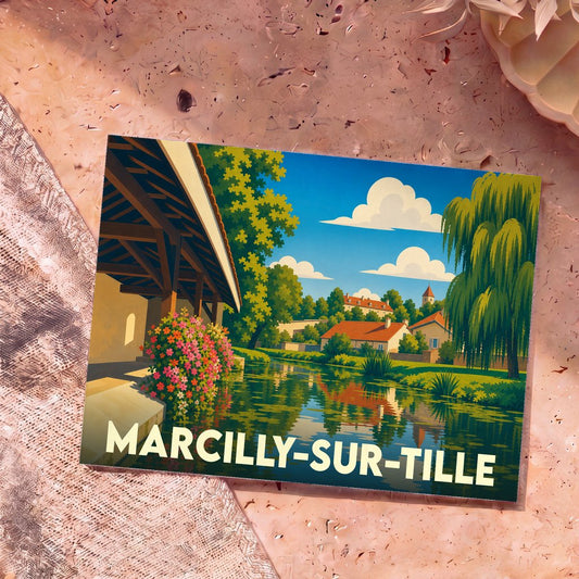 Carte postale souvenir de la ville de Marcilly-sur-Tille avec une illustration stylisée et colorée.
