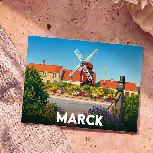 Carte postale souvenir de la ville de Marck avec une illustration colorée représentant un moulin et un personnage stylisé.