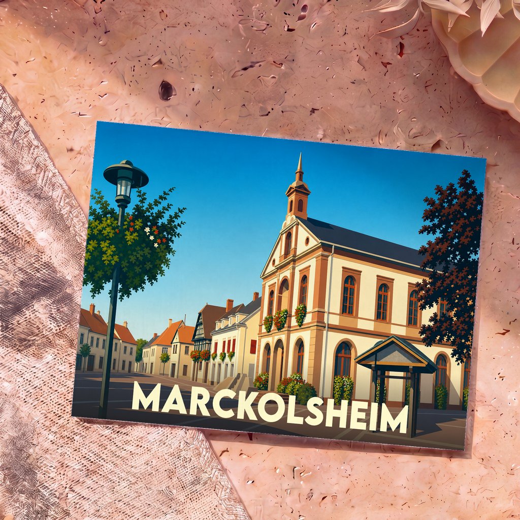 Carte postale souvenir de la ville de Marckolsheim avec une illustration stylisée de son architecture.