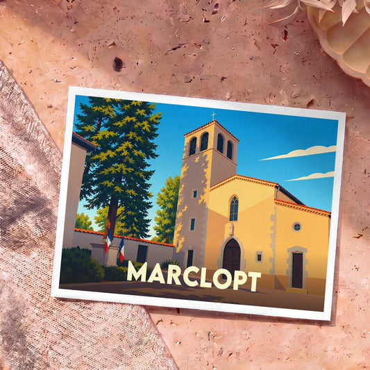 Carte postale souvenir de la ville de Marclopt présentant une illustration stylisée de son église sous un ciel bleu.