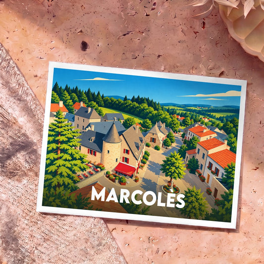 Carte postale souvenir de la ville de Marcolès avec une illustration stylisée et colorée du village.