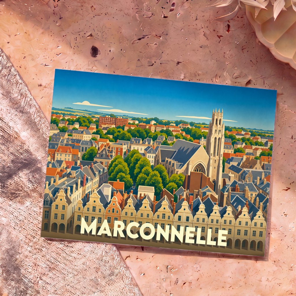 Carte postale souvenir de la ville de Marconnelle avec une illustration stylisée d'un paysage urbain historique.