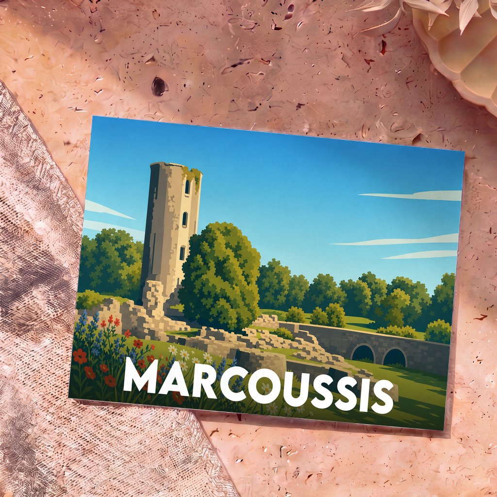 Carte postale souvenir de la ville de Marcoussis illustrant les vestiges d'un château médiéval dans un style épuré.