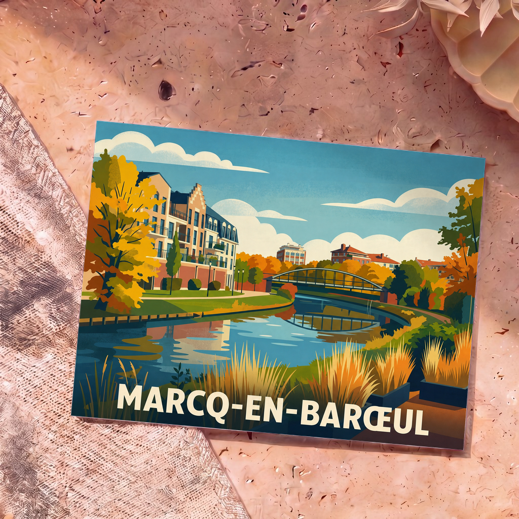 Carte postale souvenir de la ville de Marcq-en-Barœul avec une illustration stylisée d'un canal bordé de bâtiments et d'arbres.