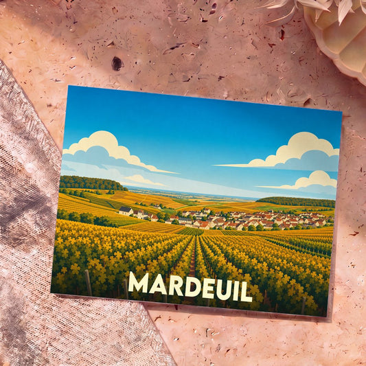 Carte postale souvenir de la ville de Mardeuil avec une illustration stylisée de ses vignobles.