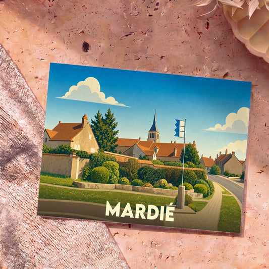 Carte postale souvenir de la ville de Mardié avec une illustration stylisée de ses maisons et de son église.