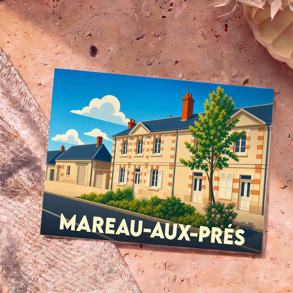 Carte postale souvenir de la ville de Mareau-aux-Prés avec une illustration stylisée de maisons traditionnelles.