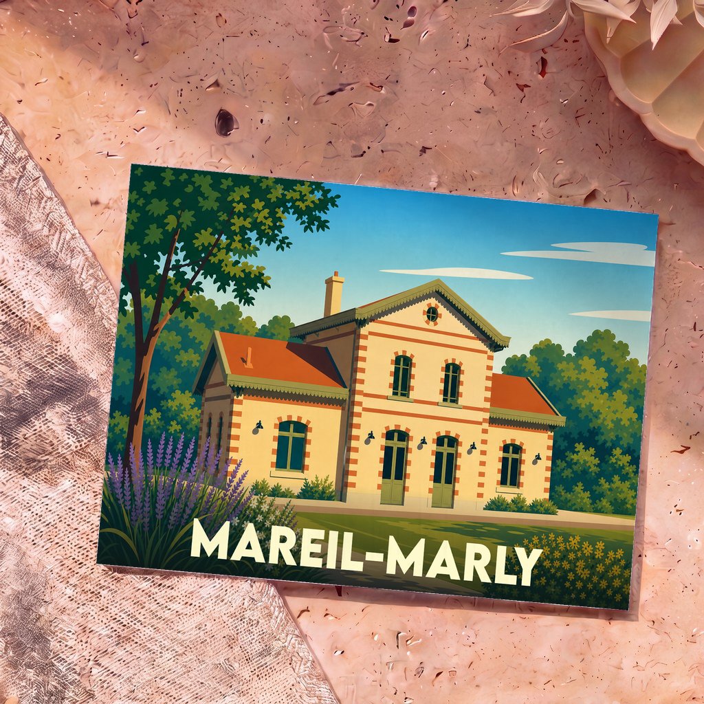 Carte postale souvenir de la ville de Mareil-Marly avec une illustration stylisée de sa gare entourée de verdure.
