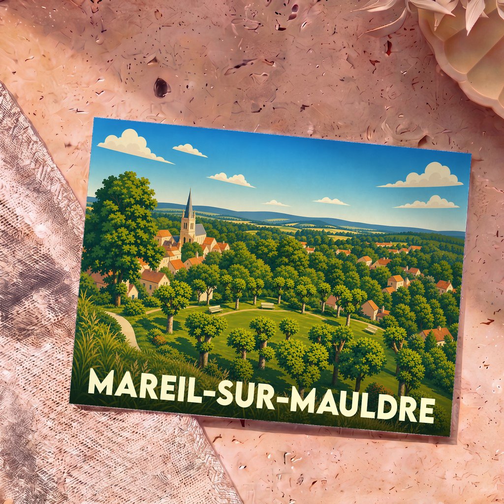 Carte postale souvenir de Mareil-sur-Mauldre arborant une illustration panoramique et verdoyante de la ville.