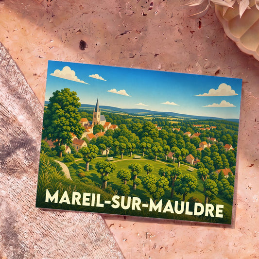 Carte postale souvenir de Mareil-sur-Mauldre arborant une illustration panoramique et verdoyante de la ville.