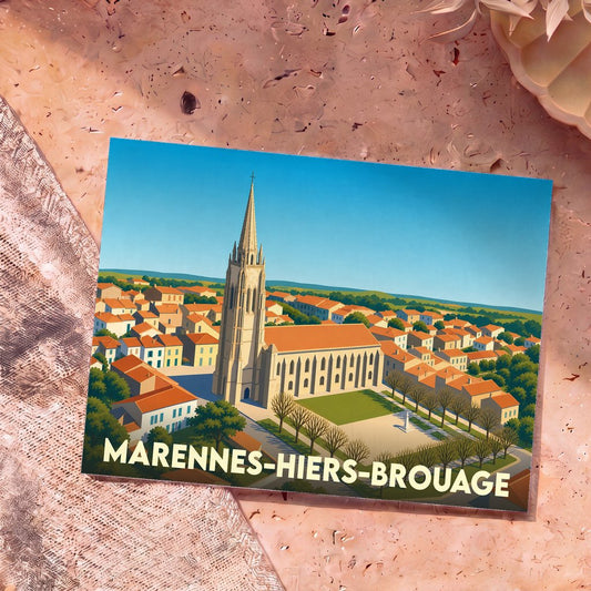 Carte postale souvenir de la ville de Marennes-Hiers-Brouage illustrant son église et ses toits typiques dans un style graphique épuré.