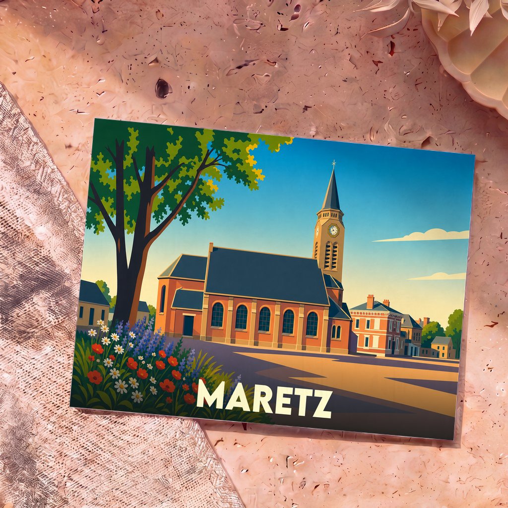 Carte postale souvenir de la ville de Maretz avec une illustration stylisée de son église.