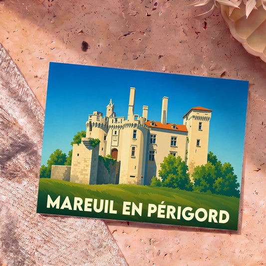 Carte postale souvenir de Mareuil en Périgord représentant son château avec une illustration stylisée.