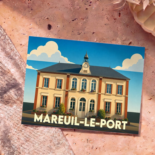 Carte postale souvenir de la ville de Mareuil-le-Port avec une illustration stylisée de la mairie.