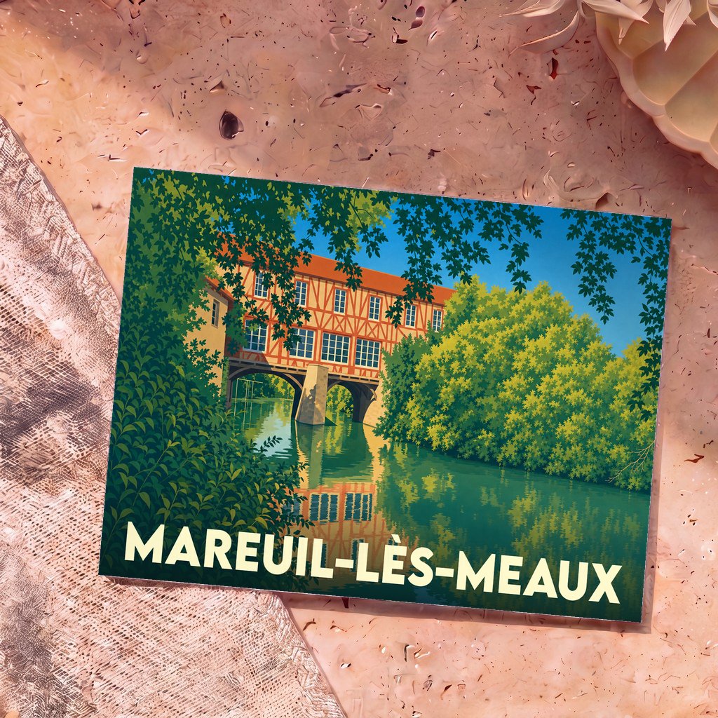 Carte postale souvenir de la ville de Mareuil-lès-Meaux avec une illustration stylisée d'un moulin à pans de bois sur l'eau.