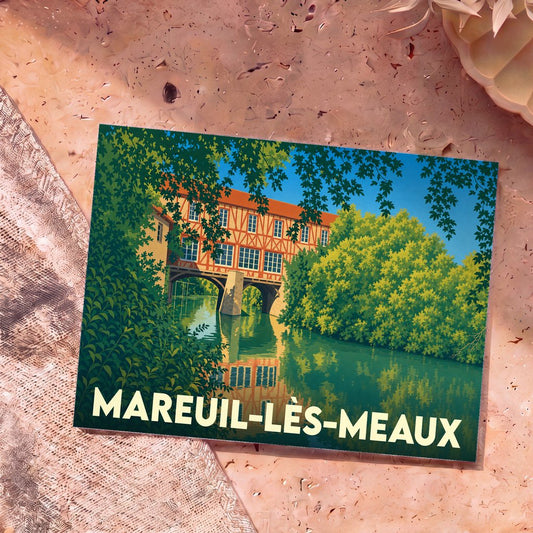 Carte postale souvenir de la ville de Mareuil-lès-Meaux avec une illustration stylisée d'un moulin à pans de bois sur l'eau.