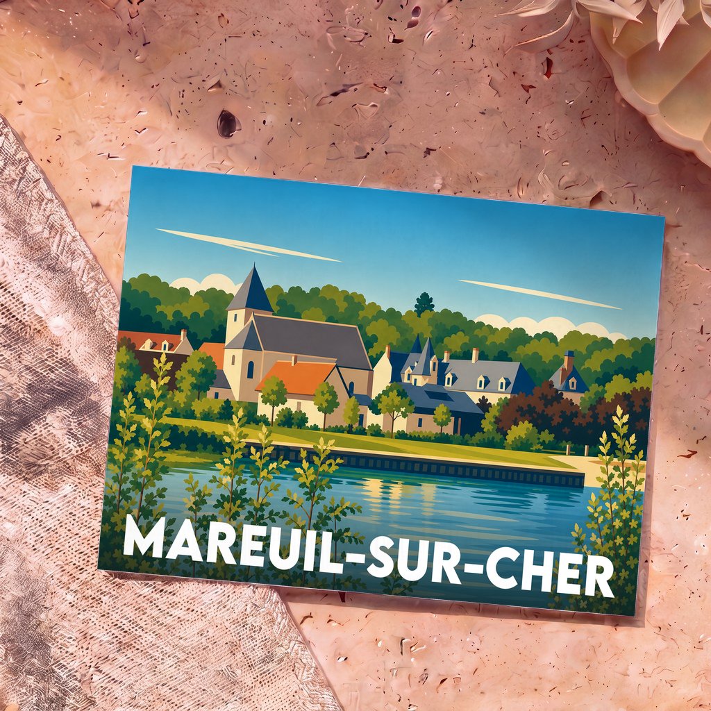 Carte postale souvenir de Mareuil-sur-Cher avec une illustration stylisée de la ville au bord de l'eau.