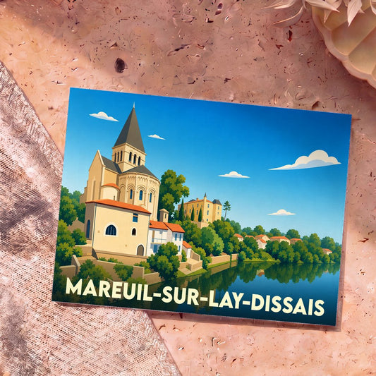 Carte postale souvenir de Mareuil-sur-Lay-Dissais illustrée d'une vue stylisée du village et de son église au bord de l'eau.