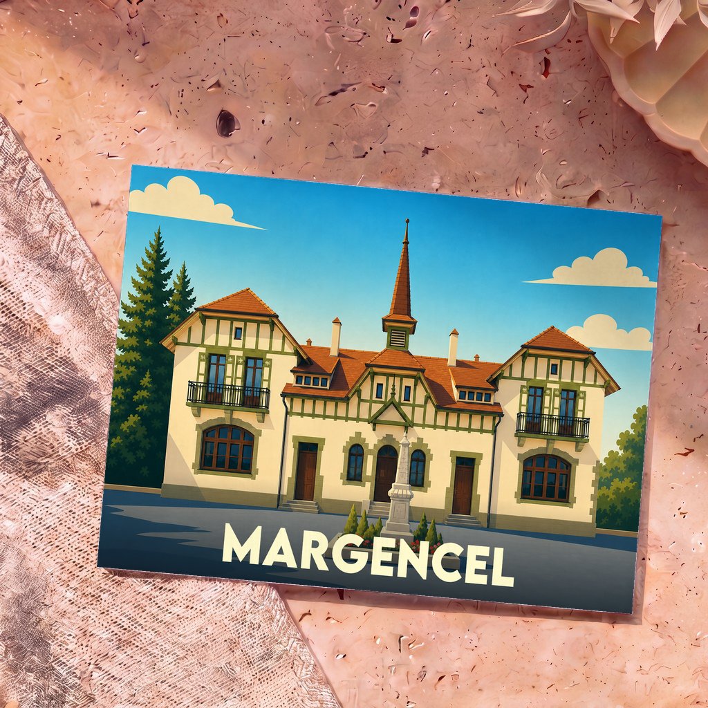 Carte postale souvenir de la ville de Margencel illustrant l'architecture typique de sa mairie.