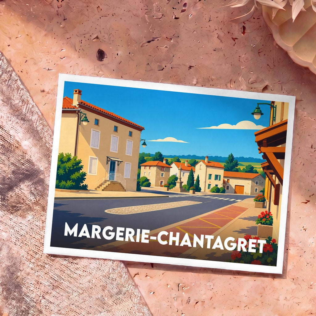 Carte postale souvenir de la ville de Margerie-Chantagret avec une illustration stylisée de ses rues et maisons typiques.
