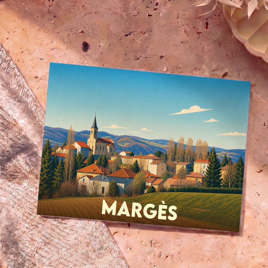 Carte postale souvenir de la ville de Margès avec une illustration stylisée de son église et de ses paysages vallonnés.