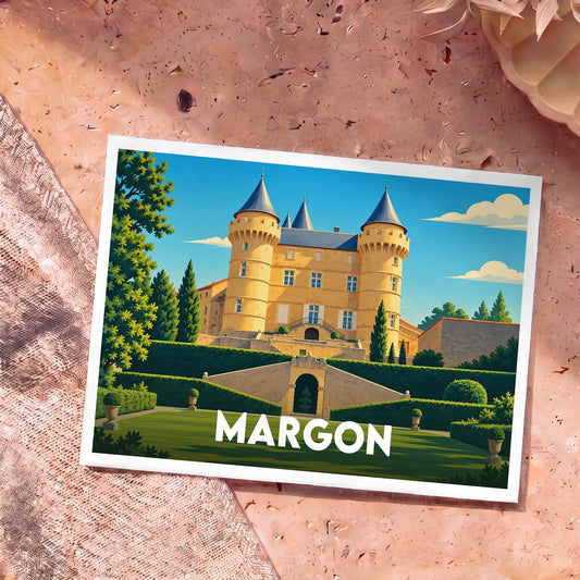 Carte postale souvenir de la ville de Margon illustrant un château majestueux et ses jardins.