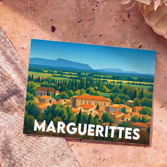 Carte postale souvenir de la ville de Marguerittes avec une illustration stylisée de ses paysages et habitations.