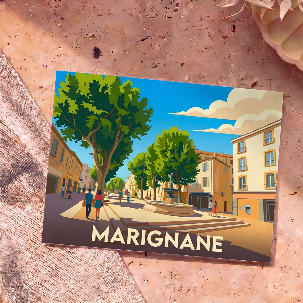 Carte postale souvenir de la ville de Marignane avec une illustration stylisée d'une place ensoleillée et de sa fontaine.