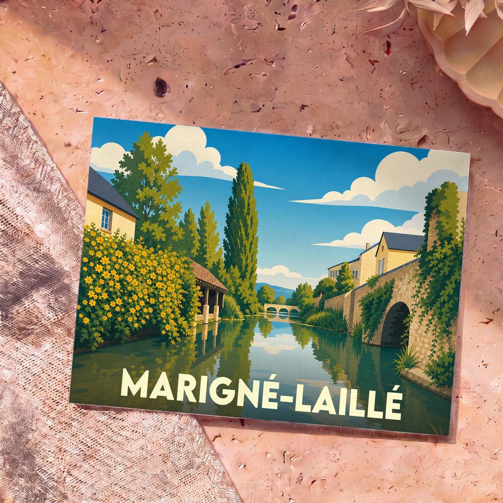 Carte postale souvenir de Marigné-Laillé illustrée d'un paysage de rivière paisible au style vintage.