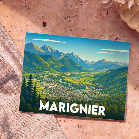 Carte postale souvenir de la ville de Marignier avec une illustration stylisée d'une vallée montagneuse.