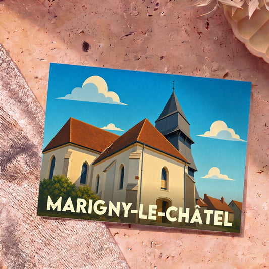 Carte postale souvenir de la ville de Marigny-le-Châtel avec une illustration stylisée de son église sous un ciel bleu.