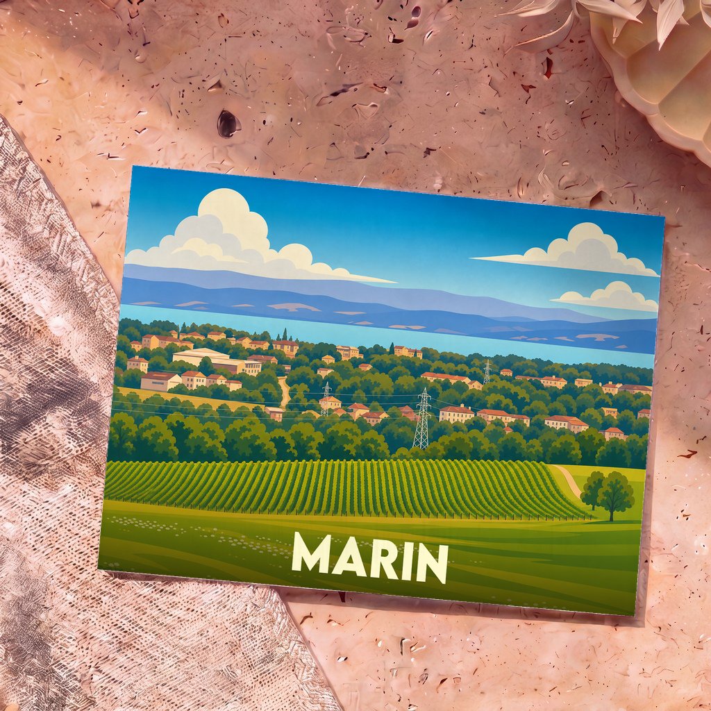 Carte postale souvenir de la ville de Marin avec une illustration stylisée de vignobles et de paysages côtiers.