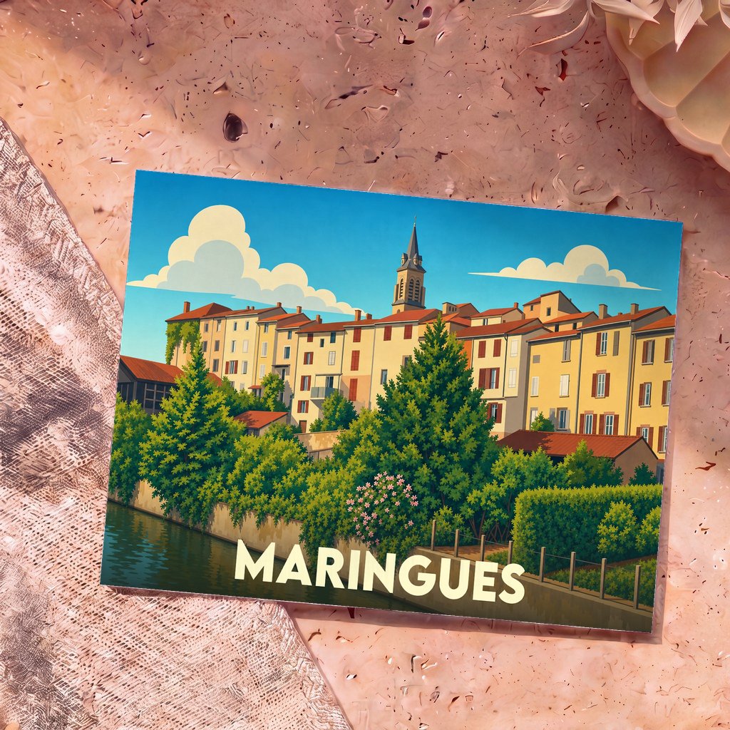 Carte postale souvenir de la ville de Maringues illustrant ses façades colorées au bord de l'eau dans un style graphique épuré.