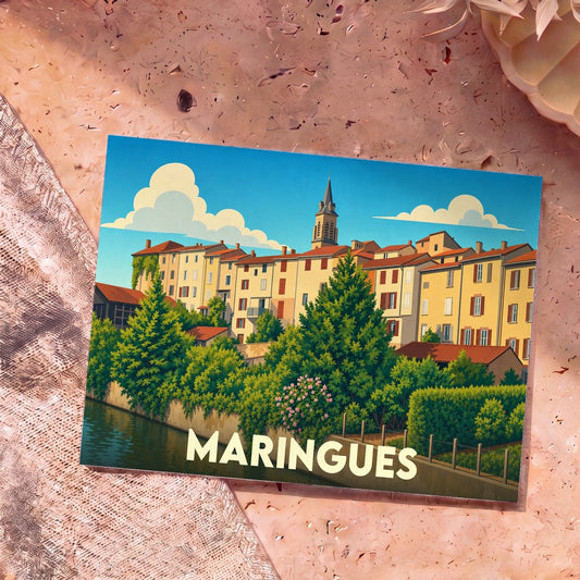 Carte postale souvenir de la ville de Maringues illustrant ses façades colorées au bord de l'eau dans un style graphique épuré.