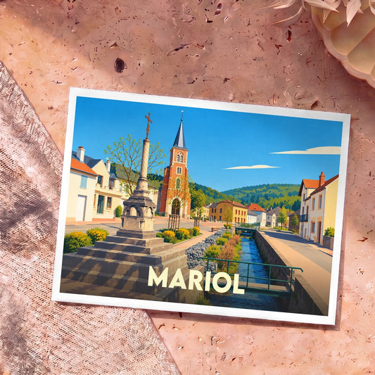 Carte postale souvenir de la ville de Mariol avec une illustration stylisée de son église et de ses canaux.
