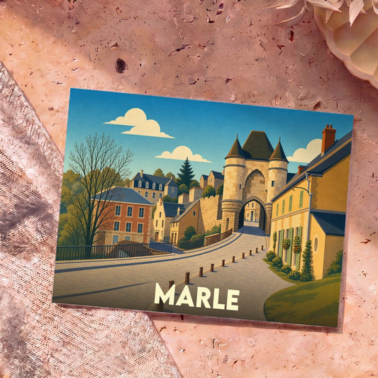 Carte postale souvenir de la ville de Marle avec une illustration stylisée représentant une porte médiévale fortifiée.