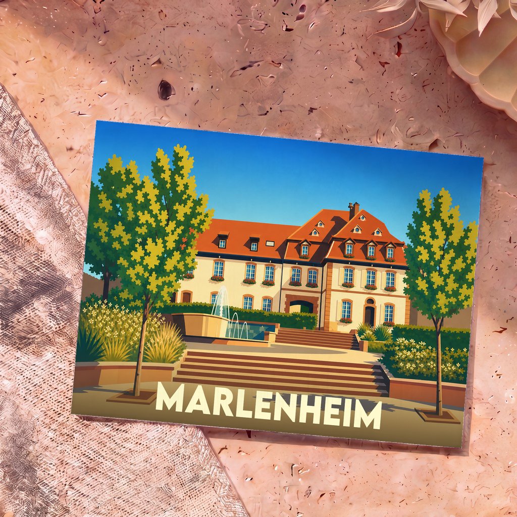 Carte postale souvenir de la ville de Marlenheim illustrant son hôtel de ville dans un style graphique épuré.
