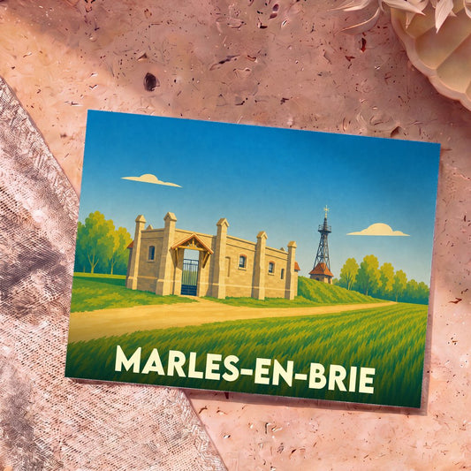 Carte postale souvenir de Marles-en-Brie avec une illustration stylisée de son patrimoine architectural et d'une tour en fer.