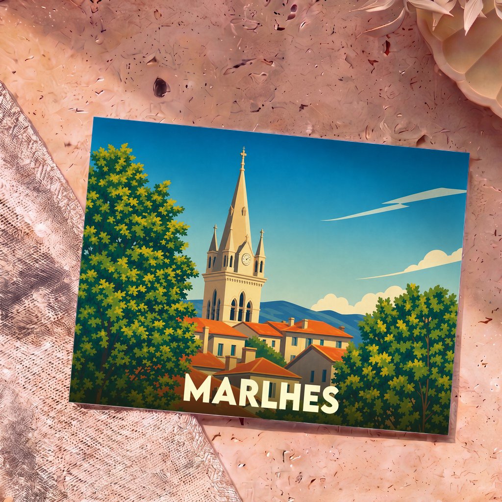 Carte postale souvenir de la ville de Marlhes avec une illustration stylisée de son église et de ses toits.