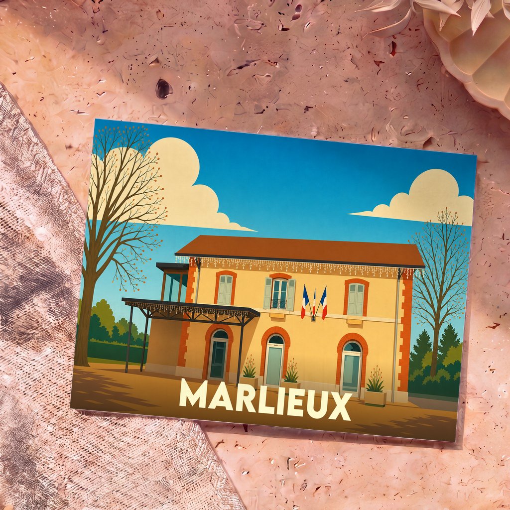 Carte postale souvenir de la ville de Marlieux avec une illustration stylisée de sa mairie.