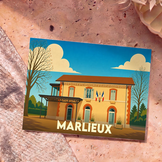 Carte postale souvenir de la ville de Marlieux avec une illustration stylisée de sa mairie.