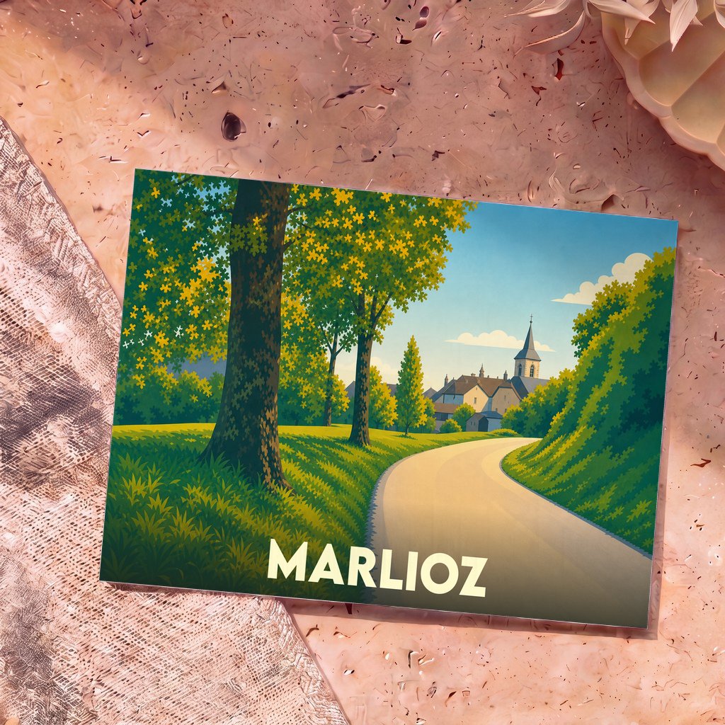 Carte postale souvenir de Marlioz arborant une illustration stylisée d'un paysage de campagne ensoleillé.