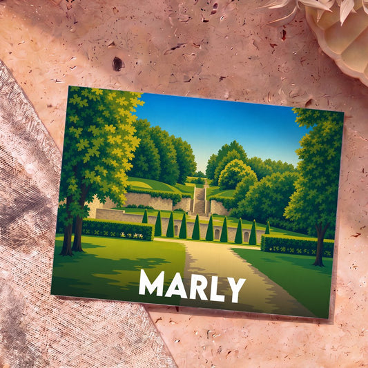 Carte postale souvenir de la ville de Marly avec une illustration stylisée de son parc et de ses jardins.