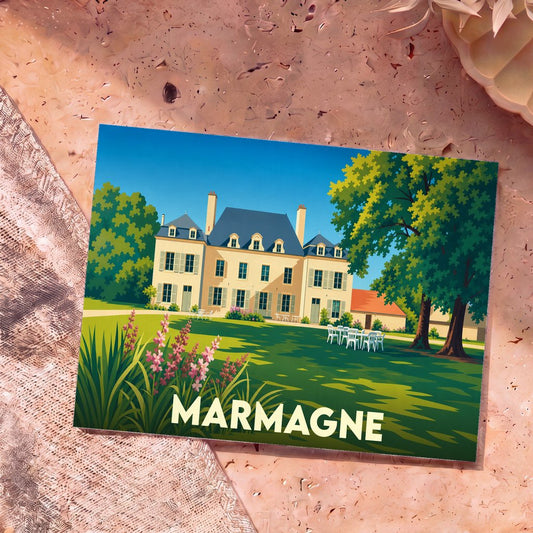 Carte postale souvenir de la ville de Marmagne illustrée par une demeure de caractère dans un parc verdoyant.
