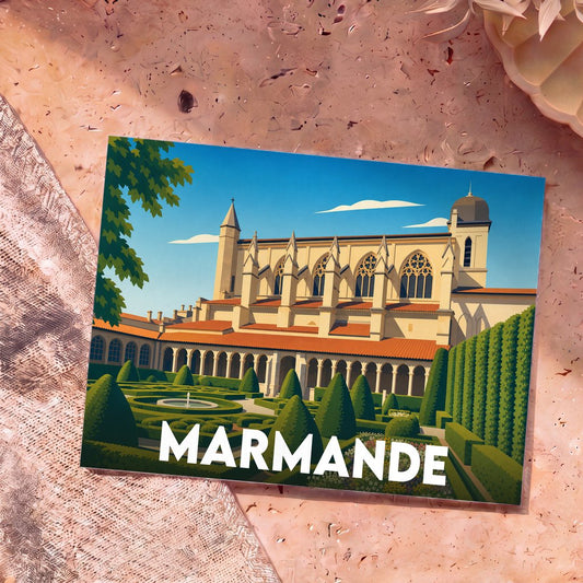 Carte postale souvenir de la ville de Marmande illustrant son église et son jardin avec un style graphique épuré.