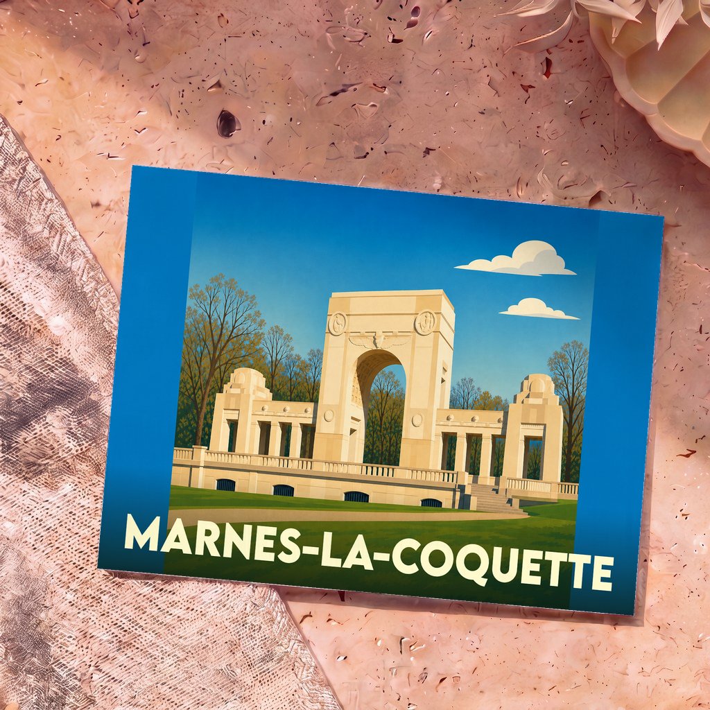 Carte postale souvenir de la ville de Marnes-la-Coquette avec une illustration stylisée du Mémorial de l'Escadrille La Fayette.