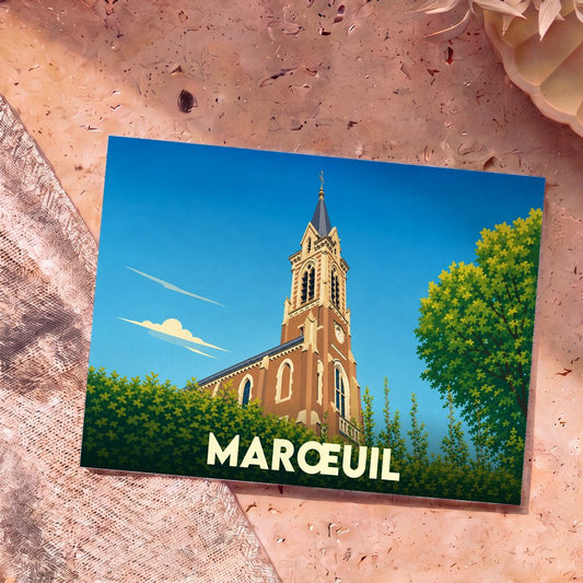 Carte postale souvenir de la ville de Marœuil avec une illustration stylisée de son église.